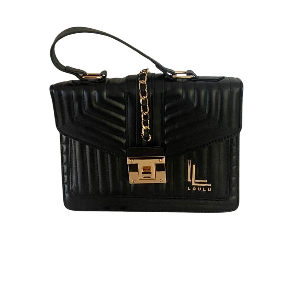 New LouLu Black Leatherette Shoulder Crossbody Bag Gold Trim